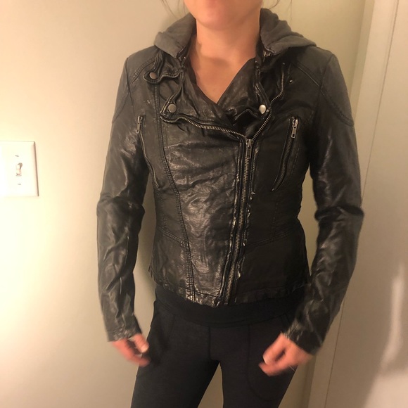 COPY - Free People Black Leather Jacket w/ Removable Hood - Picture 2 of 10